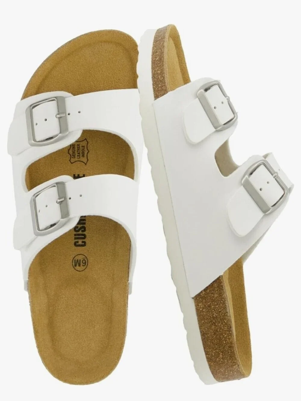 Cushionaire SZ6.5 White Lane Cork Footbed Double Buckle Strap Sandals